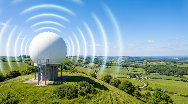 Weather Radar Dome on a Green Hillside with Radio Waves