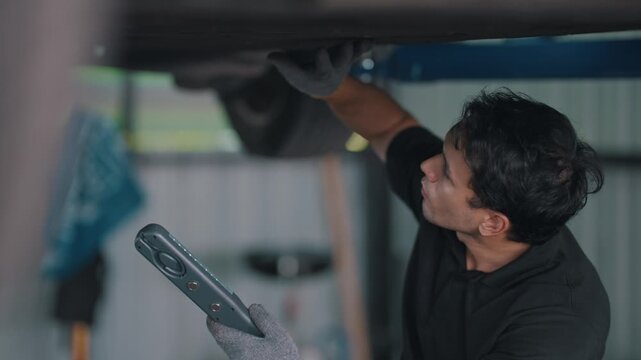 Mechanic inspects EV car underside under lift. He wears gloves and holds tool. Focused, he examines engine components