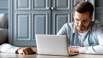 Fototapeta premium Frustrated Man Wearing Glasses Working on Laptop at Home Office, Concentrating Intensely