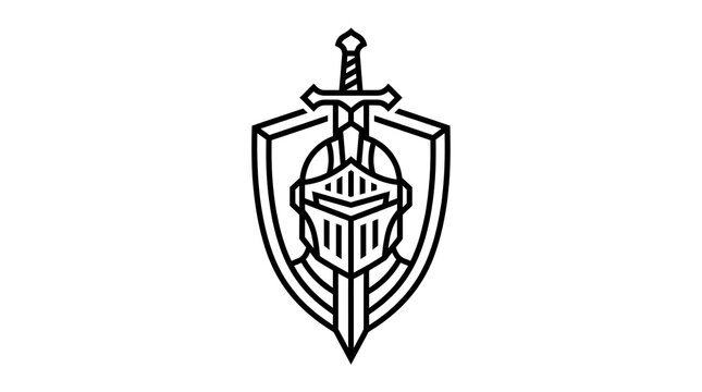 Minimalist knight helmet badge featuring a sharp sword and sturdy shield design rendered in thick black lines on white background