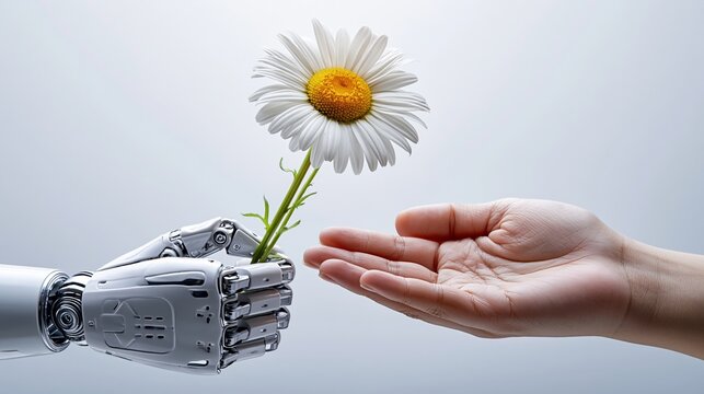 Robotic hand gently offers a delicate daisy to a human hand, symbolizing future technology and nature harmony