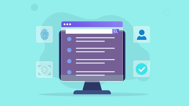 Flat vector animated desktop monitor displaying a user management dashboard with profile, authentication, verification, and workflow interface. Ideal for business, security, and technology motion grap