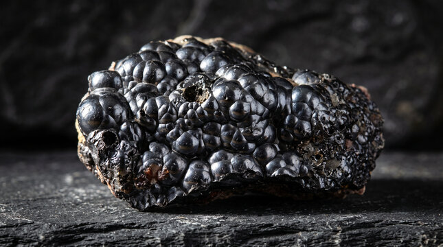 Close up macro shot of a black pitchblende botryoidal mineral ore