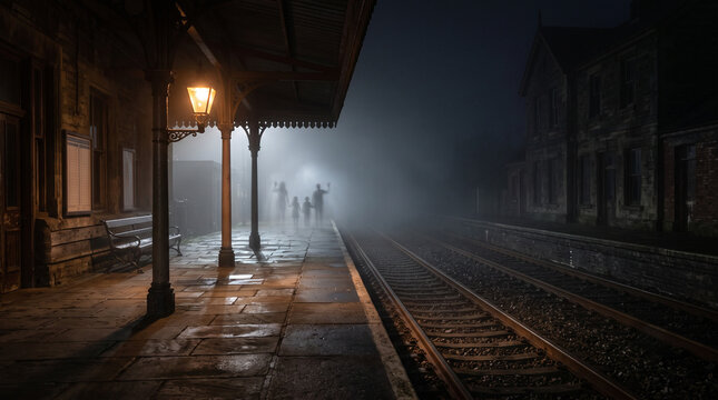 Foggy and dark vintage train station platform with shadowy figures in the distance