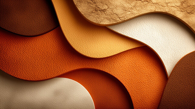 Smooth, layered leather textures in warm caramel, cream, and orange tones create flowing, abstract design. embossed surface adds depth and elegance to composition