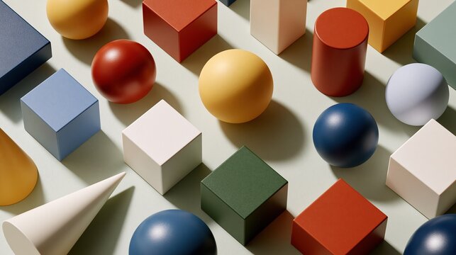 Colorful Geometric Shapes Arranged in a Playful Pattern with Soft Shadows