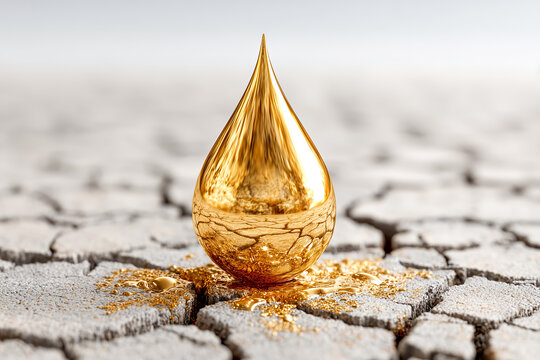 Large golden raindrop floats above cracked dry earth, symbolizing precious resources and scarcity. polished surface reflects light, creating striking contrast with barren ground