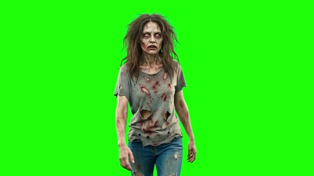 Scary zombie woman walking. Undead monster on a green screen background