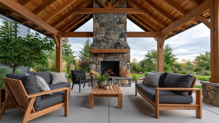 Fototapeta premium A cozy outdoor patio with a stone fireplace and comfortable seating area in a natural setting