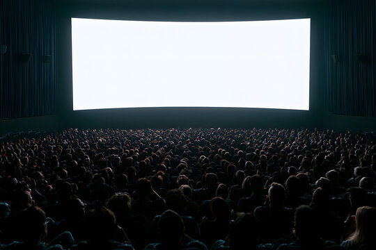 The entire audience sits in a dim movie theater, viewing a completely white screen&mdash;perfect for mockup templates during film premieres or presentations