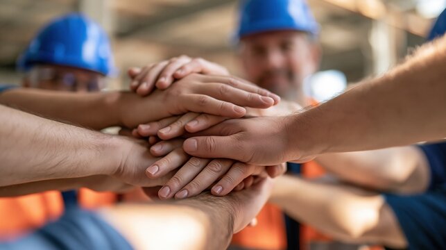 Construction workers in hard hats join hands in a symbol of teamwork and unity on a building site.