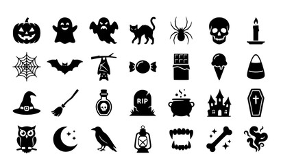 Obraz premium Halloween Black Icons Set Including Pumpkin, Ghost, Skull, Candle and Witch Hat Silhouette Symbols for Design