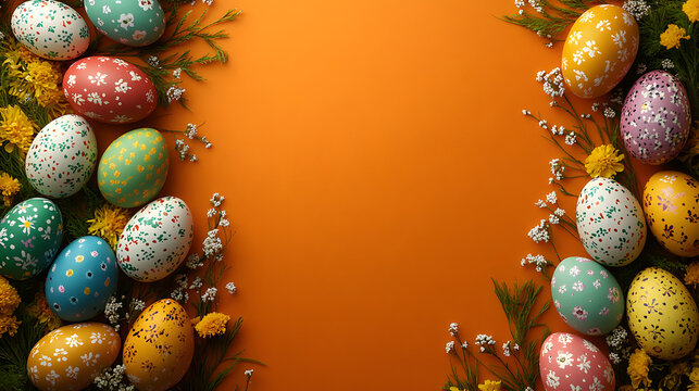 Festive frame made of multiple colorful painted easter eggs flat lay view border blank space orange background