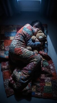 Young girl sleeping on the floor hugging her teddy bear with a colorful patchwork quilt blanket in a cozy bedroom at night