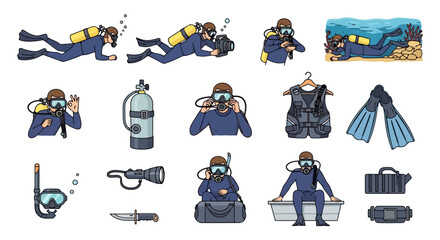 Naklejka premium Scuba diving equipment and diver poses set