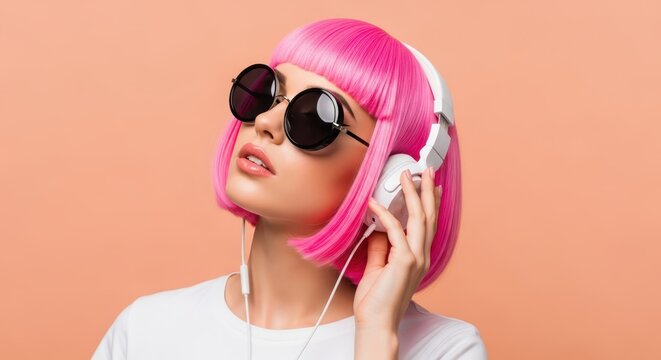 Stylish Young Woman with Pink Bob Wig and Sunglasses Listening to Music on White Headphones over Orange Background