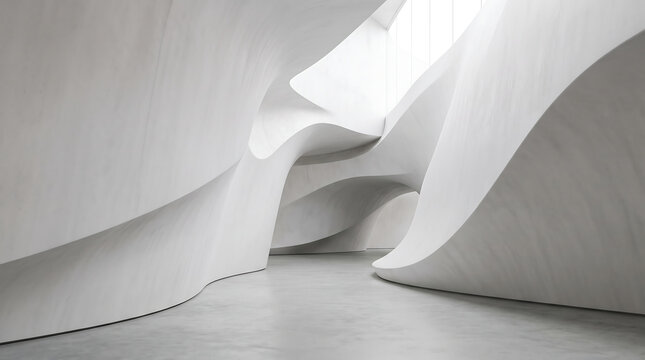 Futuristic Minimalist White Organic Architectural Interior With Flowing Curved Concrete Forms Sculptural Modern Space Abstract Contemporary Design