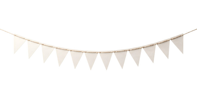 White triangular bunting flags banner hanging on string on transparent background