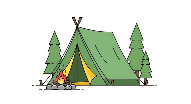 Flat vector illustration of a green camping tent with a campfire and pine trees in the forest on a white background.