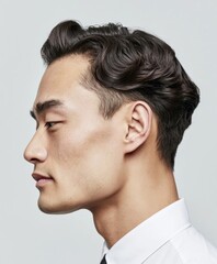 Fototapeta premium Profile view of an east asian man with styled dark hair and white shirt against a light gray