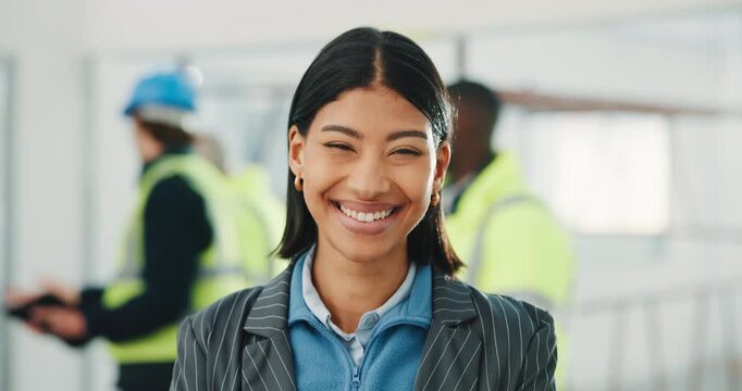Business, face and woman with laugh for construction, building renovation or site inspection. Happy, client representative or confident for commercial remodeling, project lead or property development