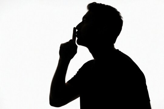 Man silhouette gesturing shh with finger on lips. Dark profile shows quiet sign. Mysterious person makes silent gesture for secrecy. Keep quiet hush communication.