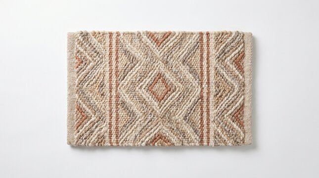 Beige and Terracotta Woven Geometric Pattern Rug with Tribal Diamond Design on White Background