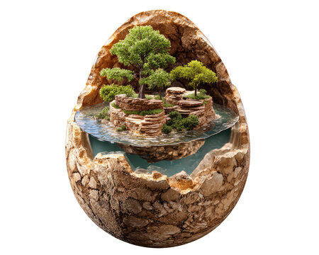 An Egg-Shaped World: A miniature world encapsulated within a cracked eggshell, featuring a serene island with lush trees, rocky outcrops, and a winding river, symbolizing creation and new beginnings.
