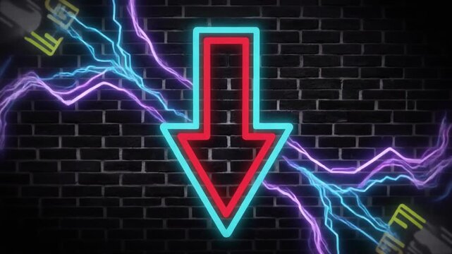 A neon cyan‑red downward arrow with purple lightning bolts across dark brick wall, symbolizing energy, intensity, and futuristic digital power in electrified design.