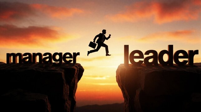 Man silhouette leaps across canyon gap from manager to leader word. Sunset sky provides dramatic lighting. Symbolizes career advancement risk taking.