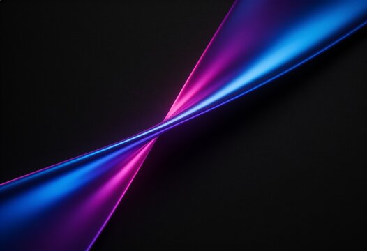 Two sharp neon light beams in blue and magenta cross at the center against a deep black background in a minimalist abstract image.