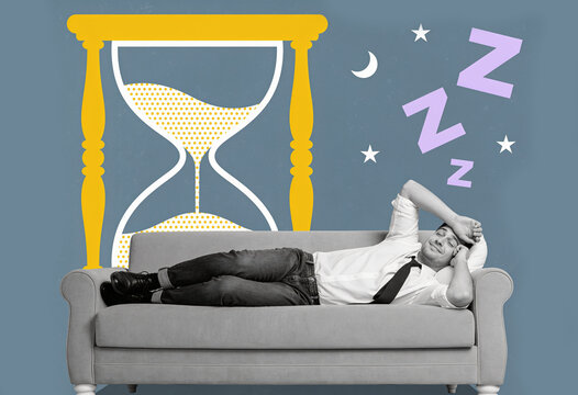 A tired businessman in a shirt and tie naps on a sofa next to a large yellow hourglass with sleep symbols in a humorous collage.