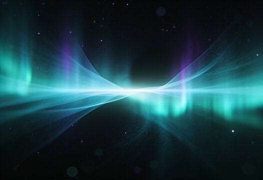 Vibrant aurora borealis with teal and purple light beams converging at a glowing horizon point over a dark starry sky.