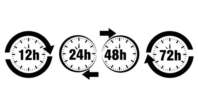 Vector Illustration of Clock Icons Representing 12h 24h 48h and 72h Time Intervals and Deadlines