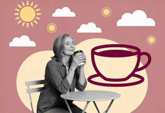 A serene middle-aged woman sits at a bistro table with closed eyes, savoring her coffee cup against a cheerful pink morning collage.