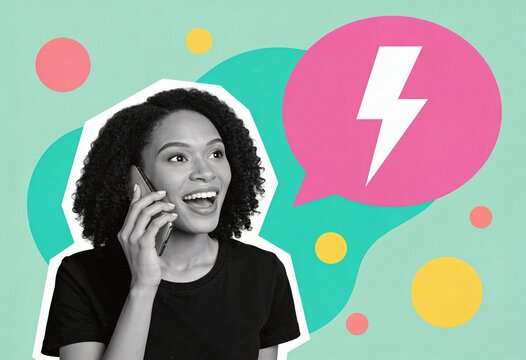 An excited young woman talks on her smartphone with a big smile, next to a pink speech bubble with a lightning bolt in a vibrant communication collage.
