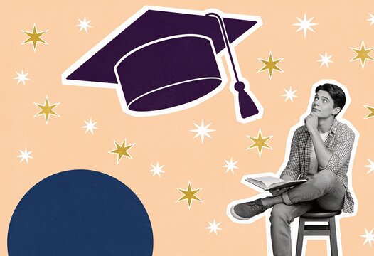 A thoughtful young man holding a book gazes upward at a large graduation cap in a dreamy education-themed collage with stars.