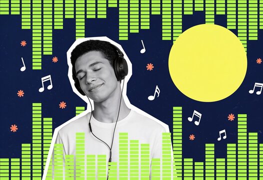 A young man with headphones closes his eyes and smiles blissfully, surrounded by equalizer bars and music notes in a vibrant music collage.