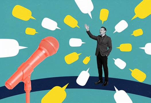 A confident man in a suit gestures while speaking, surrounded by colorful speech bubbles and a microphone in a communication-themed collage.