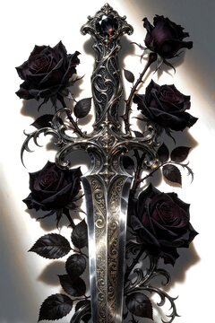 Ornate gothic fantasy dagger with black roses. Intricate silver blade features gold engravings, dark gemstone. Dark romantic floral elements surround sharp weapon. Elegant mystical sword design for