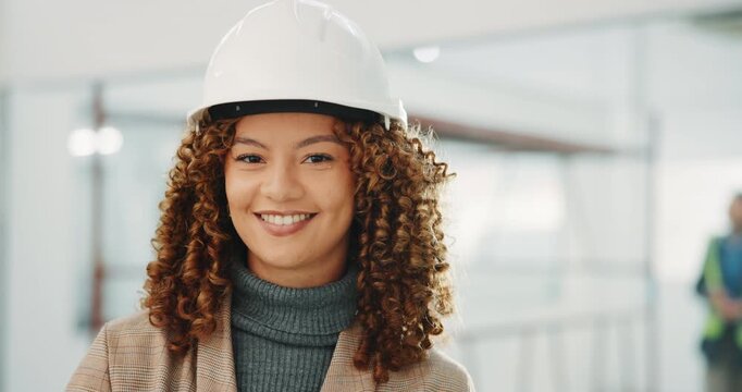Face, woman and happy in construction for renovation project, site visit and quality control. Helmet, lead architect and smile in building for commercial remodeling, safety regulations and confidence