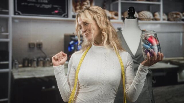Woman dressmaker holding jar of colorful thread spools with measuring tape draped, smiling and fist raising beside a mannequin in studio; creativity playful.