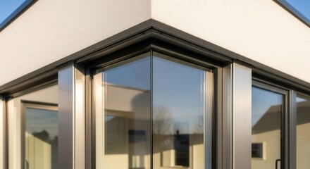 Fototapeta premium Modern Corner Glass Facade With Metallic Accents And Sunlight Reflections