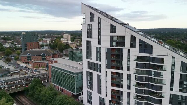 Skyline of Bromley, London, England, revealing contemporary architecture, residential neighbourhoods and surrounding urban development, aerial hyperlapse