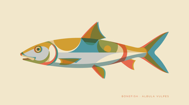 Bonefish vector illustration in geometric retro style with colorful overlapping shapes