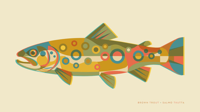Brown trout fish geometric vector illustration in retro color style