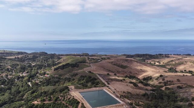 Santa Barbara California, Goleta CA. Drone flight over a water reservoir.