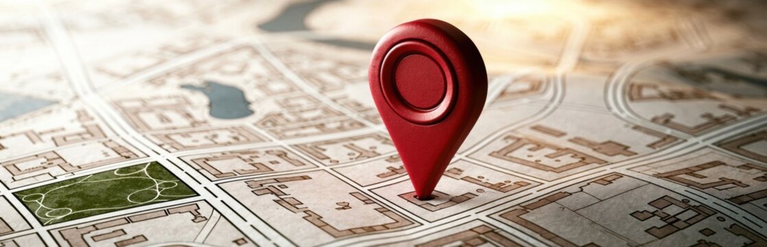 Red map pin on paper city map with roads and green spaces