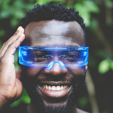 Man wearing blue virtual reality headset smiling outdoors.