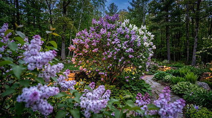 Obraz premium Beautiful purple and white lilac bushes blooming in a serene garden at dusky evening light